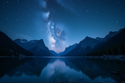 Ciel étoilé brillant au-dessus d'un lac de montagne