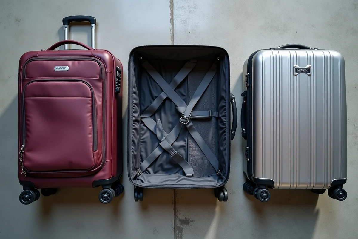 Comparaison de trois valises cabine de matières différentes : rigide, souple et aluminium, posées à plat sur sol béton