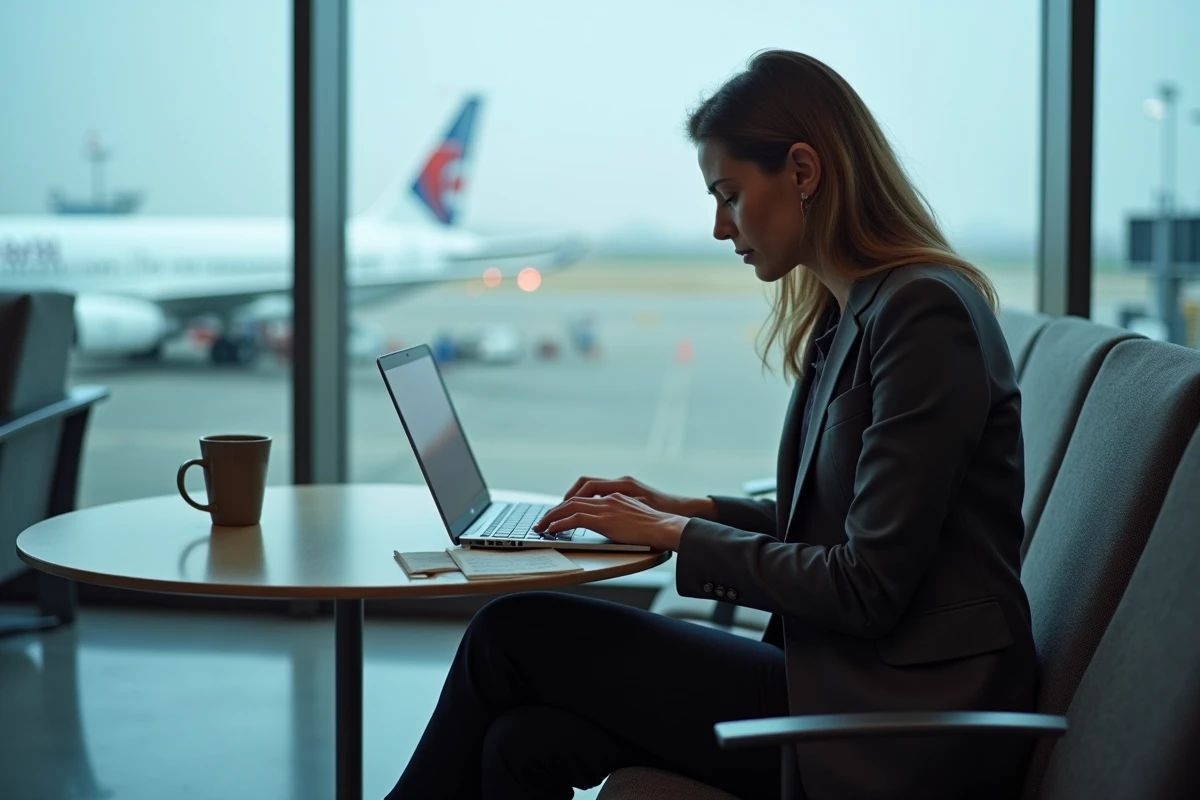 Femme professionnelle comparant les prix de billets d'avion sur un ordinateur portable &agrave; l'a&eacute;roport de San Francisco