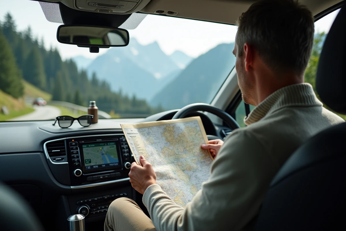 Homme consultant une carte routière et un GPS dans une voiture garée devant un panorama alpin lors d'un road trip en Europe