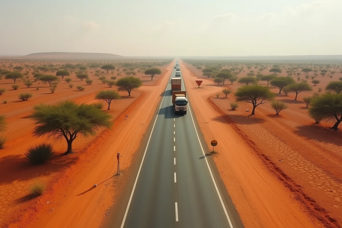 Grand corridor routier transsaharien traversant le nord du Sénégal avec convoi de camions sur route bitumée