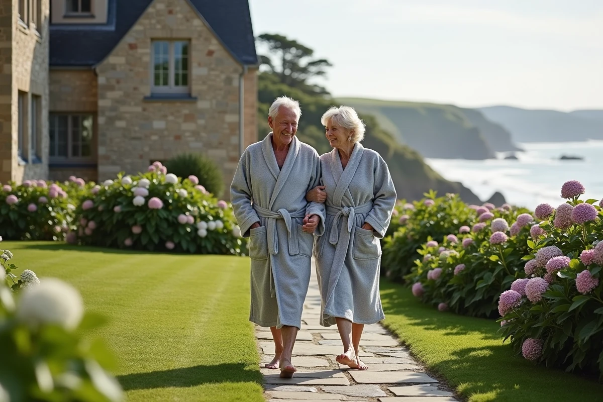 Couple âgé se promenant dans un jardin près de la mer en Bretagne