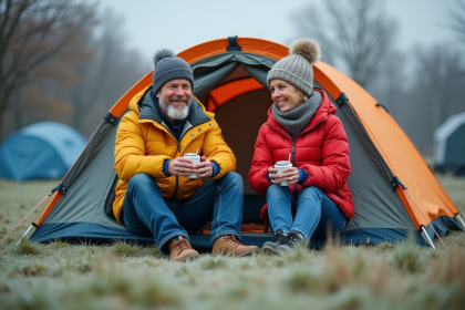 Couple en camping d'hiver avec tentes colorées et vêtements chauds
