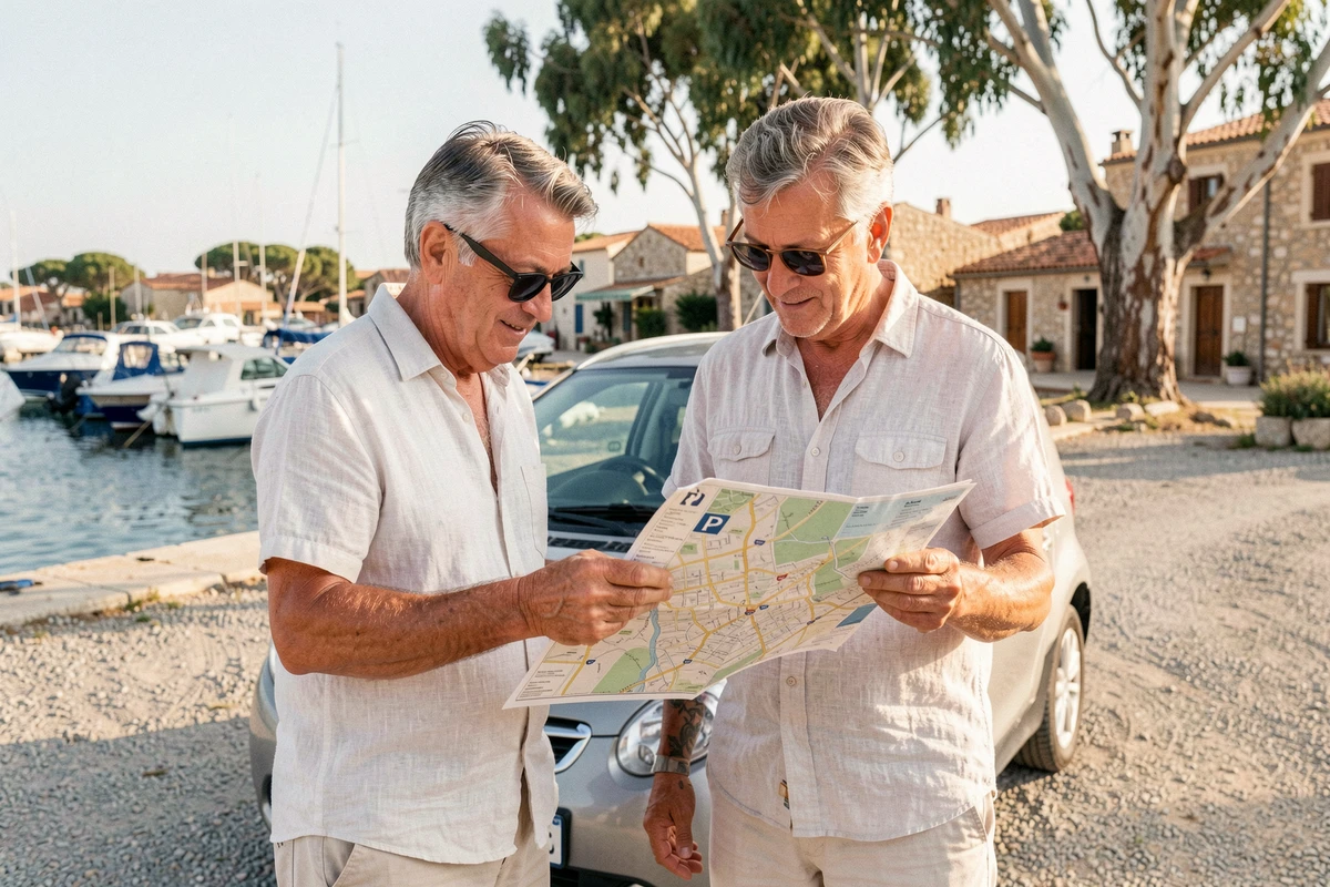 Couple consultant une carte de stationnement près du port d'embarquement pour l'île de Porquerolles en été