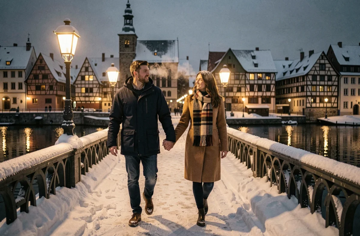 Couple se promenant sur un pont enneigé à Strasbourg avec le quartier de la Petite France en arrière-plan la nuit du Nouvel An