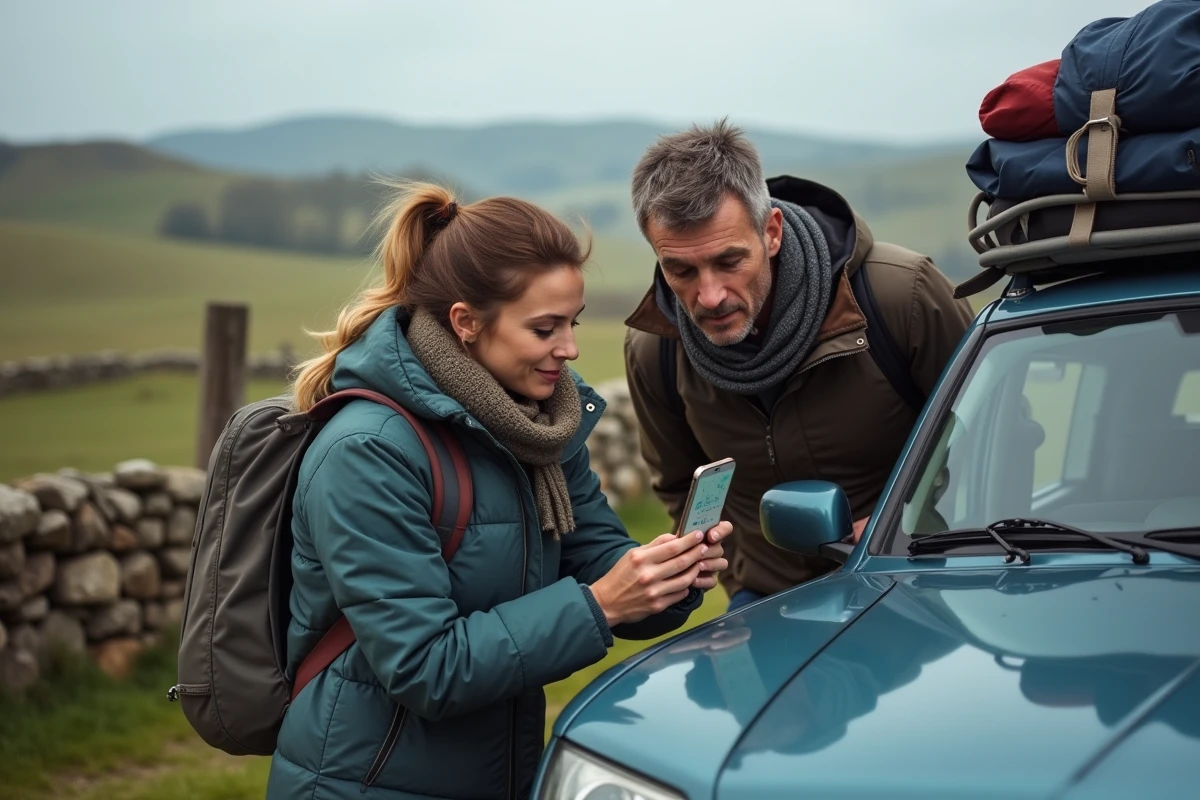 Couple consultant une application de navigation sur smartphone lors d'une pause road trip en Europe, devant une voiture chargée dans la campagne française