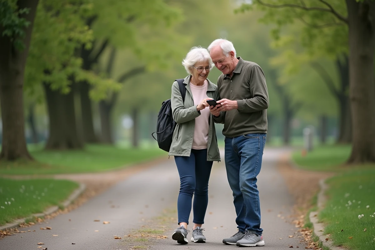 Un couple de seniors consulte ensemble un itinéraire à pied sur Google Maps dans un parc