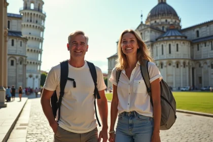 Couple souriant devant la tour de Pise en Italie