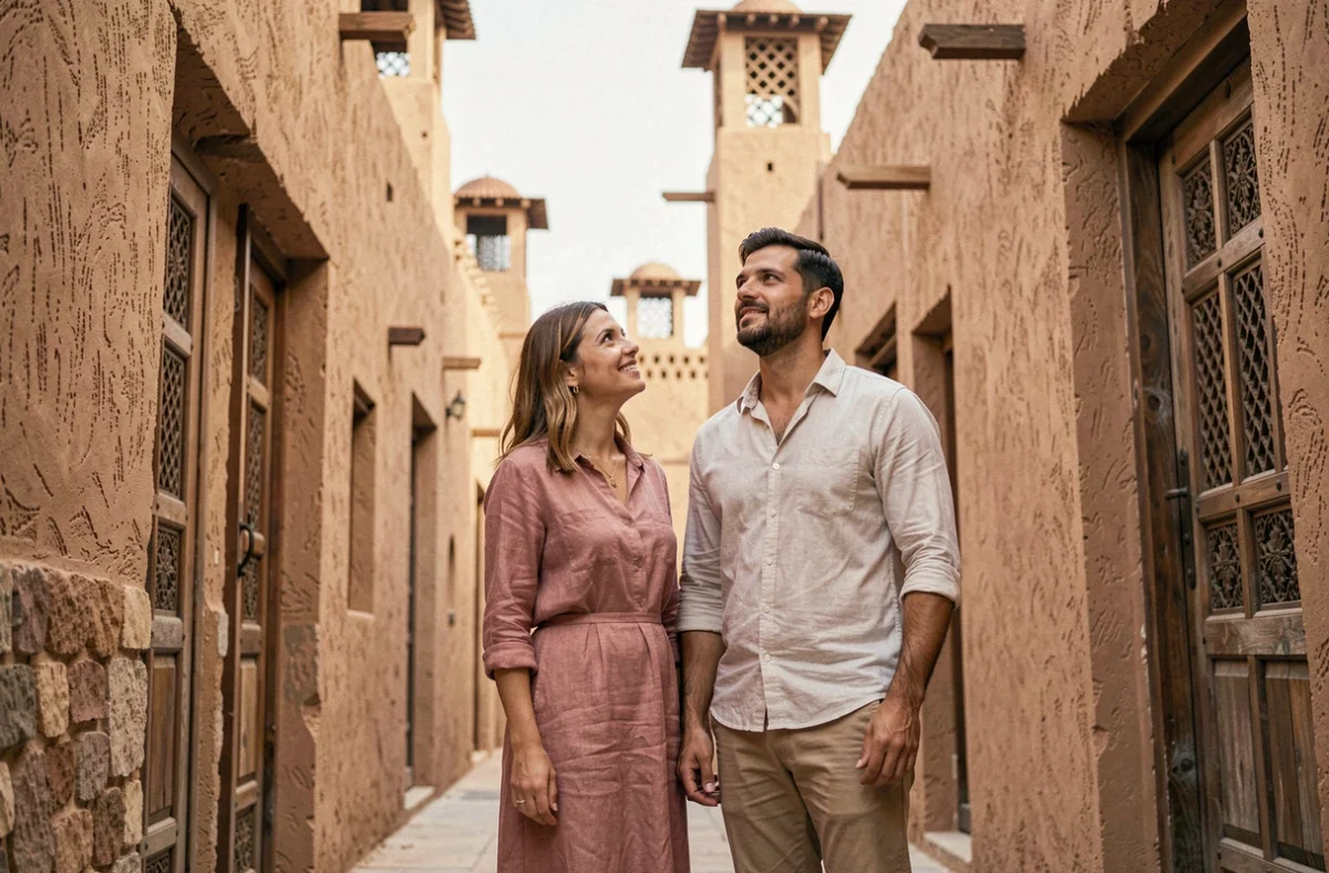 Couple de touristes européens visitant le quartier historique Al Fahidi à Dubaï pendant le ramadan