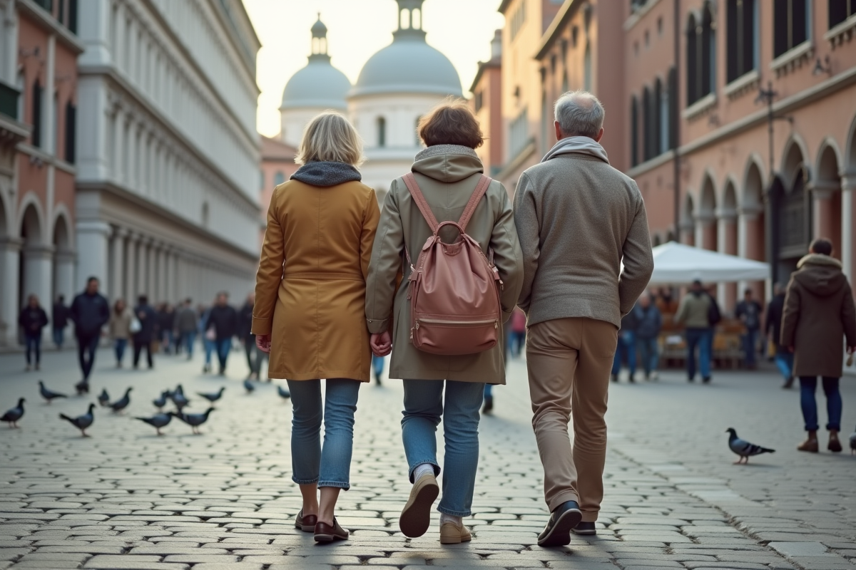 Couple marche dans une place animée de Venise avec pigeons