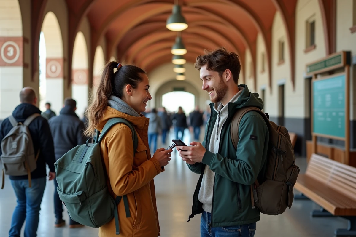 Deux amis consultant une application de covoiturage dans la gare de Los Angeles avant leur trajet vers San Francisco