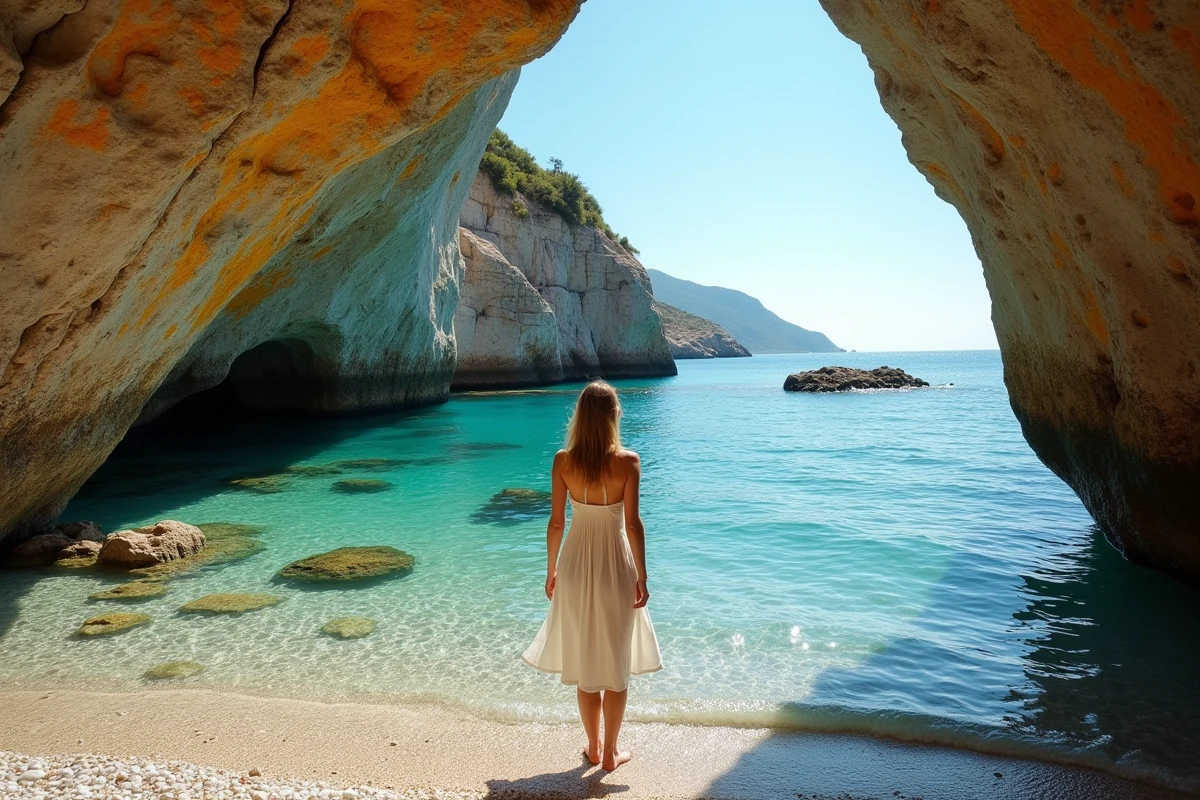 Crique secrète de la plage de Fautea Arinella en Corse avec eaux turquoise et rochers de granit, femme contemplant la mer