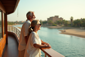 Couple sur le pont d'une croisière sur le Nil regardant la rive