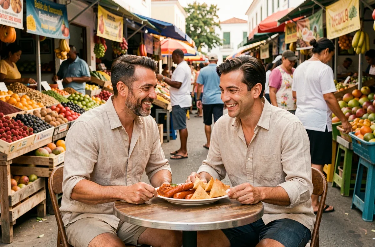 Couple de touristes dégustant la cuisine créole réunionnaise au marché de Saint-Pierre lors de leur premier séjour à La Réunion