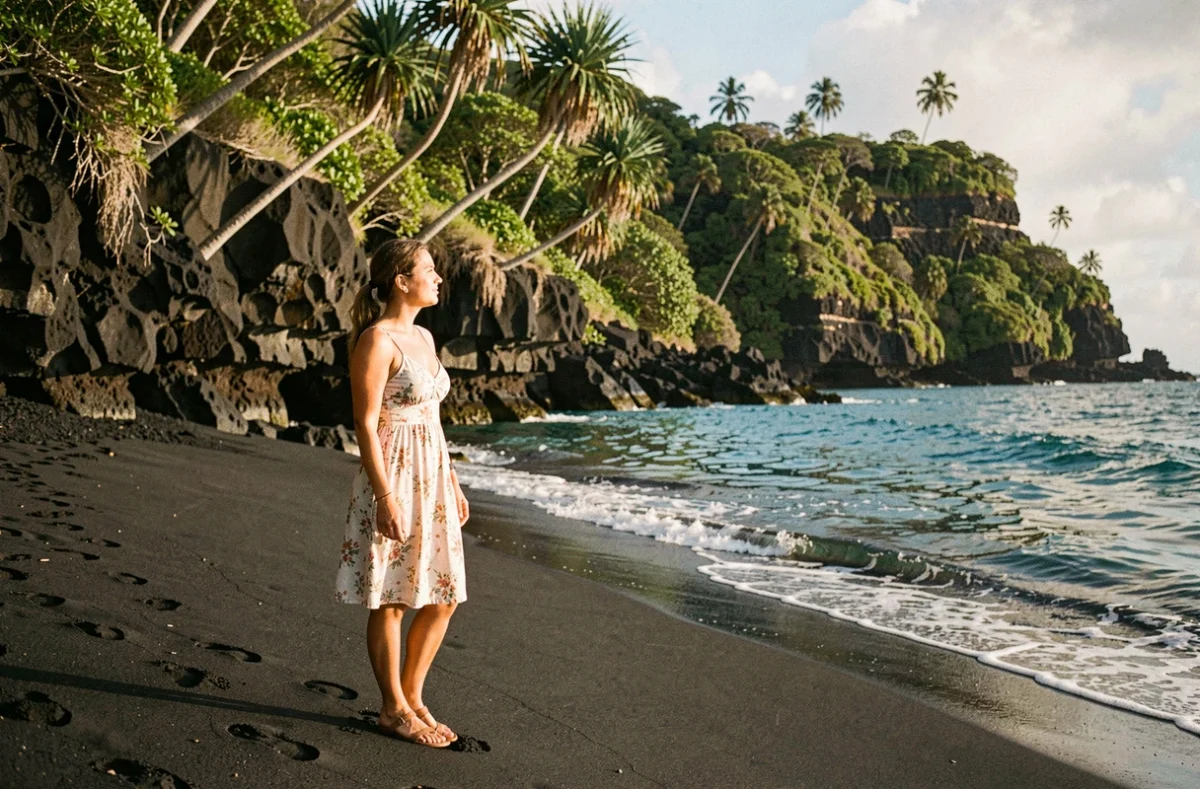 Femme découvrant la plage de sable noir de Grande Anse à La Réunion lors de son premier voyage sur l'île
