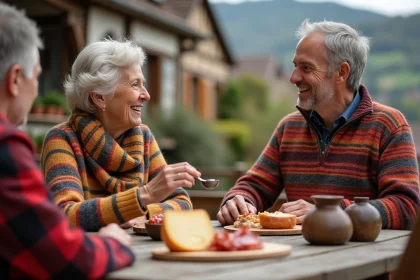 Couple d&eacute;gustant fromages dans un village alsacien