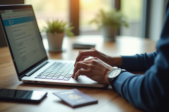 Personne remplissant une demande de visa numérique sur un ordinateur