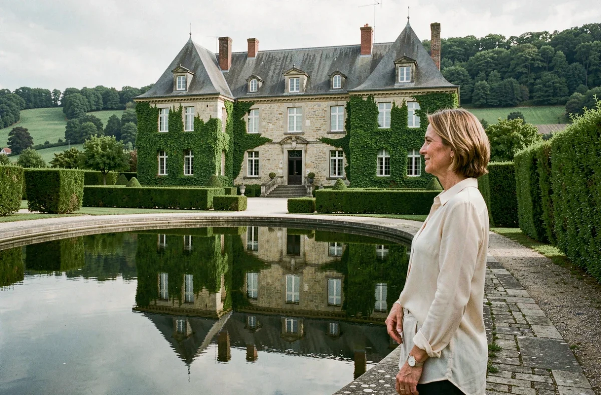 Manoir en pierre du Domaine de la Klauss à Montenach avec ses haies taillées et son bassin ornemental reflétant la façade