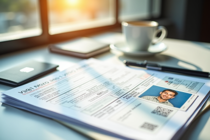 Pile de documents officiels pour visa sur bureau lumineux