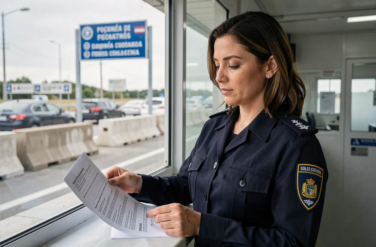 Agent des douanes espagnoles vérifiant les réglementations sur la limitation des cigarettes à un poste frontière