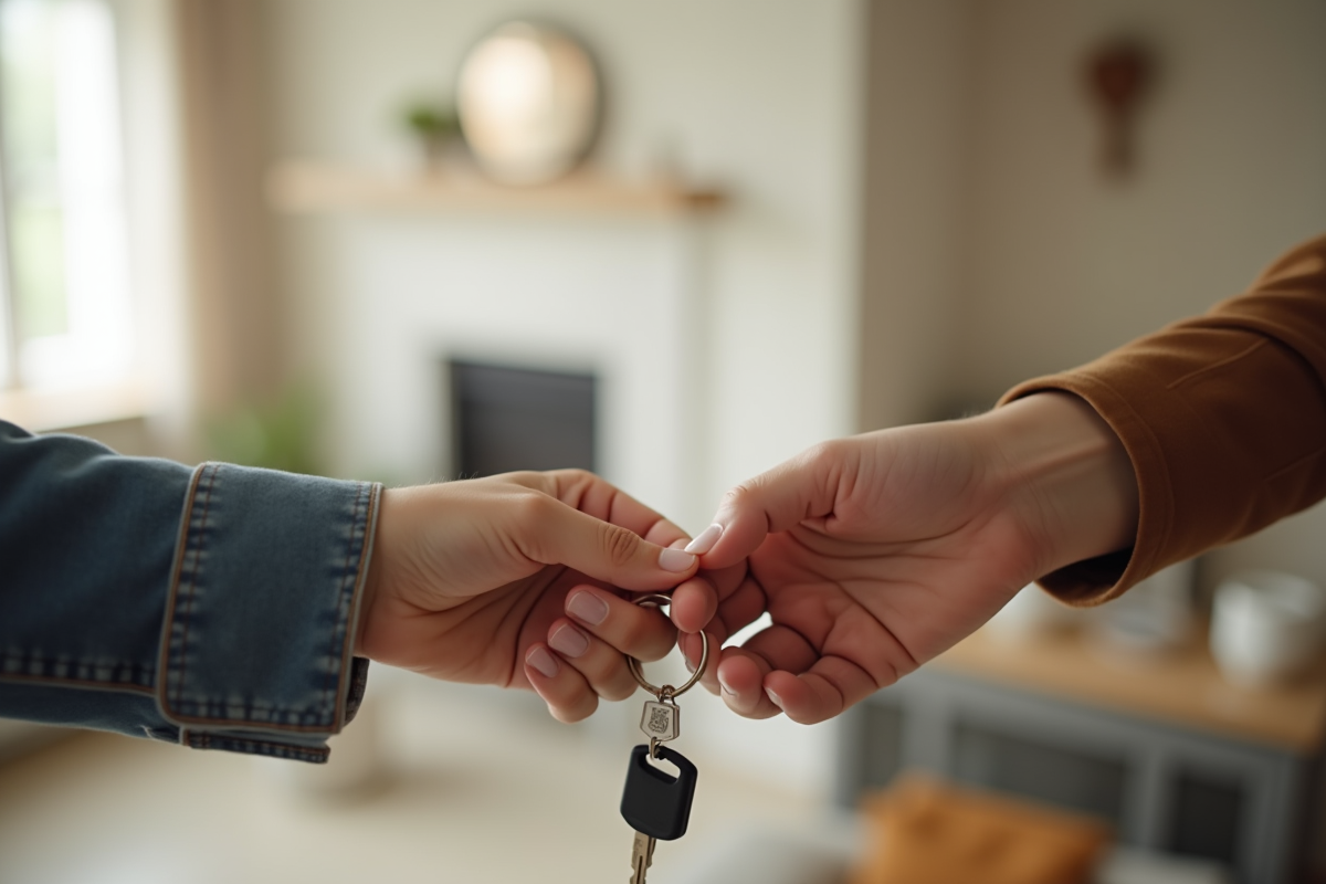 Main d’un hôte Airbnb remettant les clés à un invité dans un intérieur lumineux