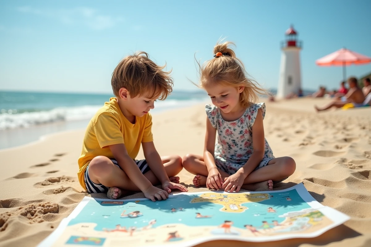 Deux enfants assis sur la plage de l'île de Ré consultant une carte touristique familiale colorée posée sur le sable