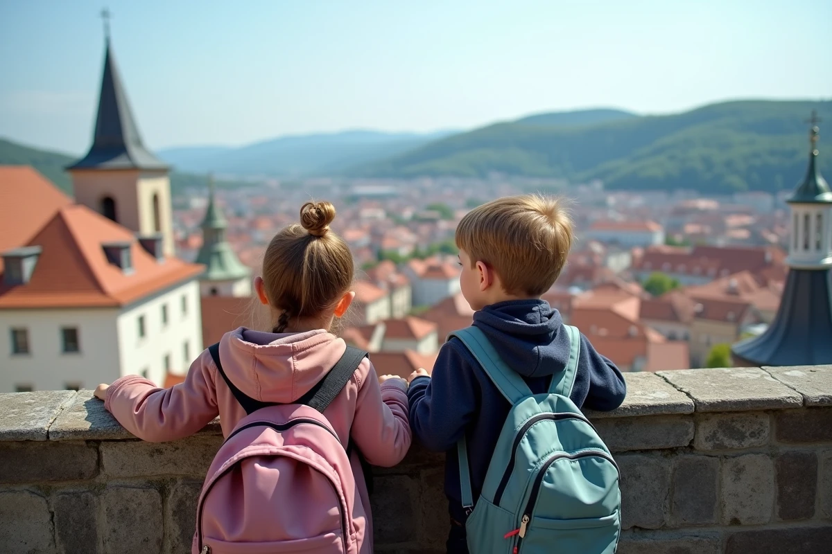 Deux enfants observant le panorama de Ljubljana depuis la terrasse du château, vue sur les toits de la vieille ville de Slovénie