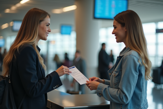 Deux personnes souriantes à l'aéroport lors de l'enregistrement avec billets et valises