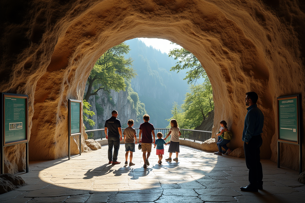 Entrée de la grotte de Postojna avec panneaux de sécurité et accueil