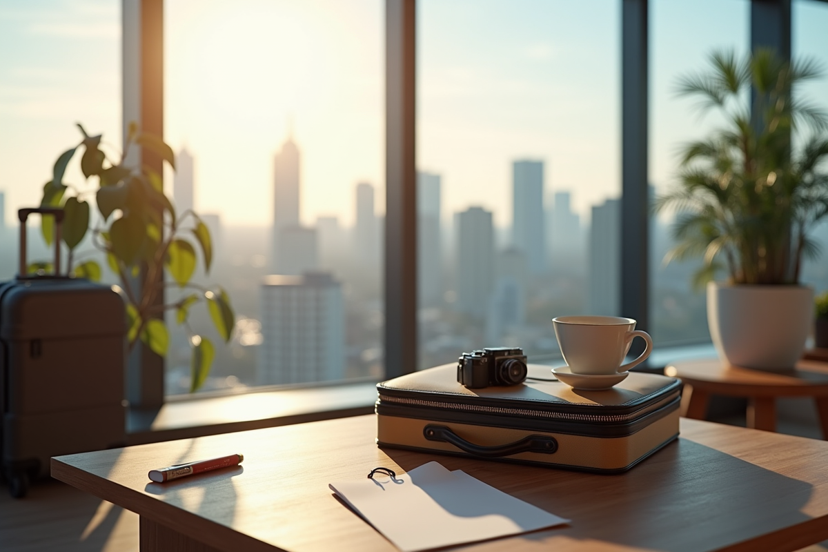 Espace de travail lumineux avec valise et documents de voyage