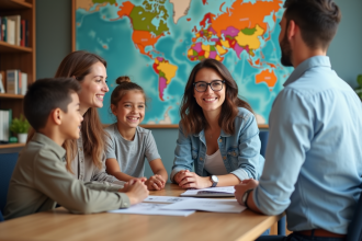 Famille rencontrant un agent de voyage souriant dans une agence moderne