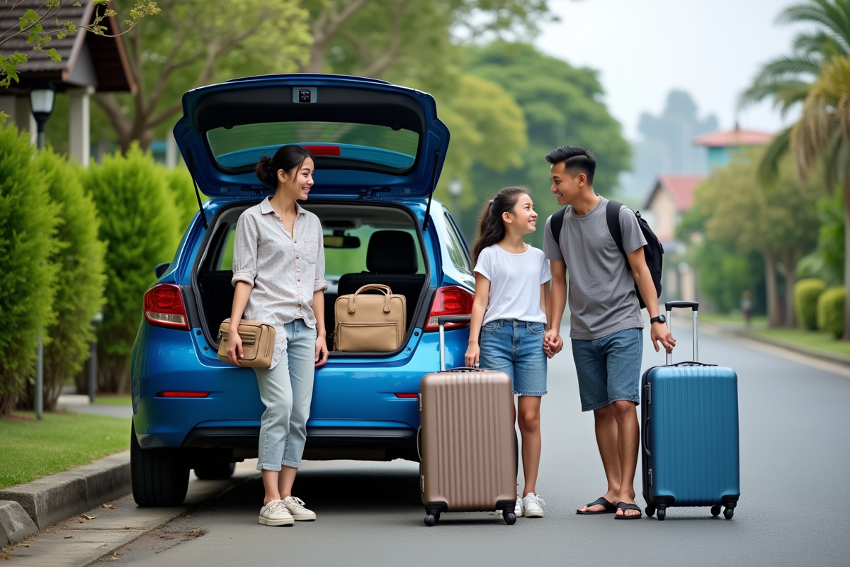 Famille balinaise chargeant des valises devant une voiture