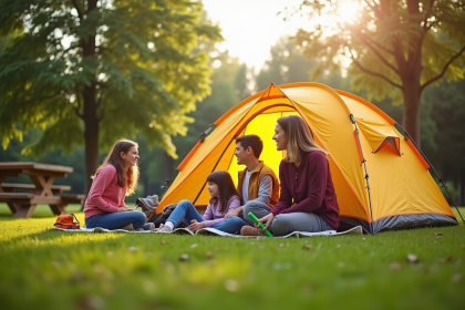 Famille installant leur tente dans un camping moderne ensoleille