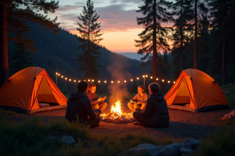 Famille paisible autour du feu de camp au coucher de soleil