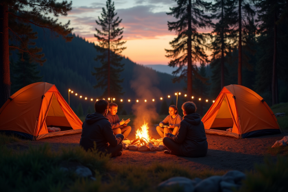 Famille paisible autour du feu de camp au coucher de soleil