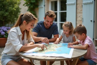 Famille consultant une carte touristique de l'île de Ré sur une terrasse en pierre blanche typique de Charente-Maritime
