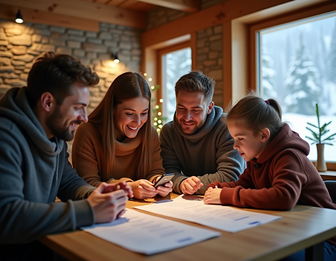 Famille comparant les prix de forfaits de ski dans un chalet alpin pendant les vacances de Noël