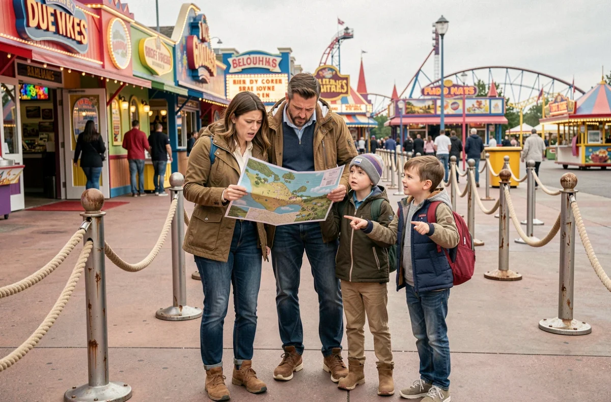 Famille perdue devant une attraction à Disneyland Paris, illustrant la confusion liée à la mauvaise utilisation du système FastPass