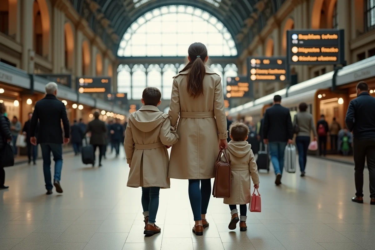 Mère accompagnant ses enfants dans le hall principal de la gare Lille Flandres avec bagages