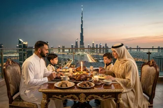 Famille arabe réunie autour d'un iftar sur une terrasse à Dubaï pendant le ramadan avec vue sur le Burj Khalifa
