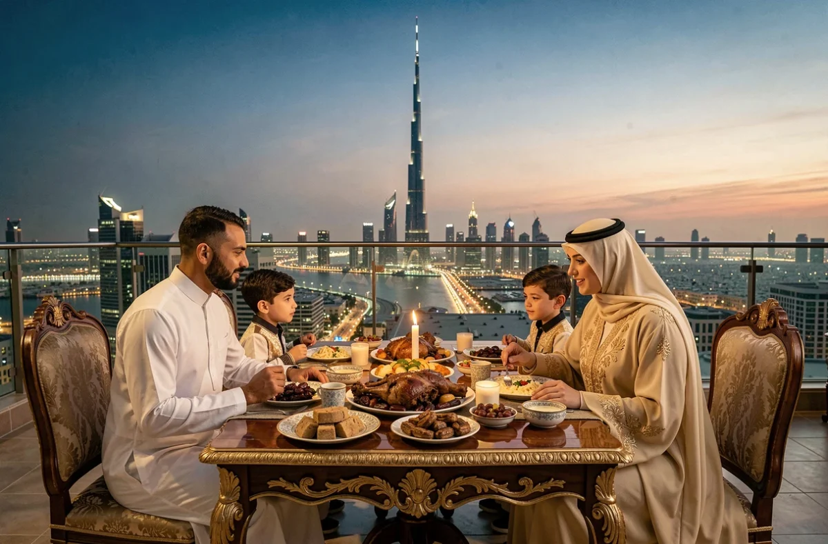 Famille arabe réunie autour d'un iftar sur une terrasse à Dubaï pendant le ramadan avec vue sur le Burj Khalifa