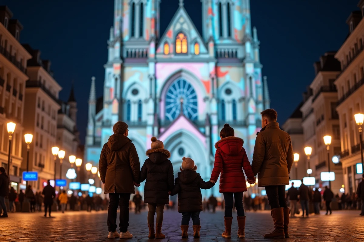 Famille regardant la projection lumineuse sur la cathédrale de Lyon