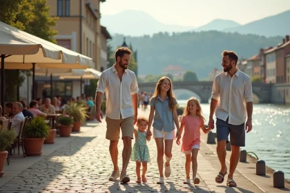Famille avec enfants se promenant le long des quais de la rivière Ljubljanica avec le Triple Pont en arrière-plan à Ljubljana, Slovénie
