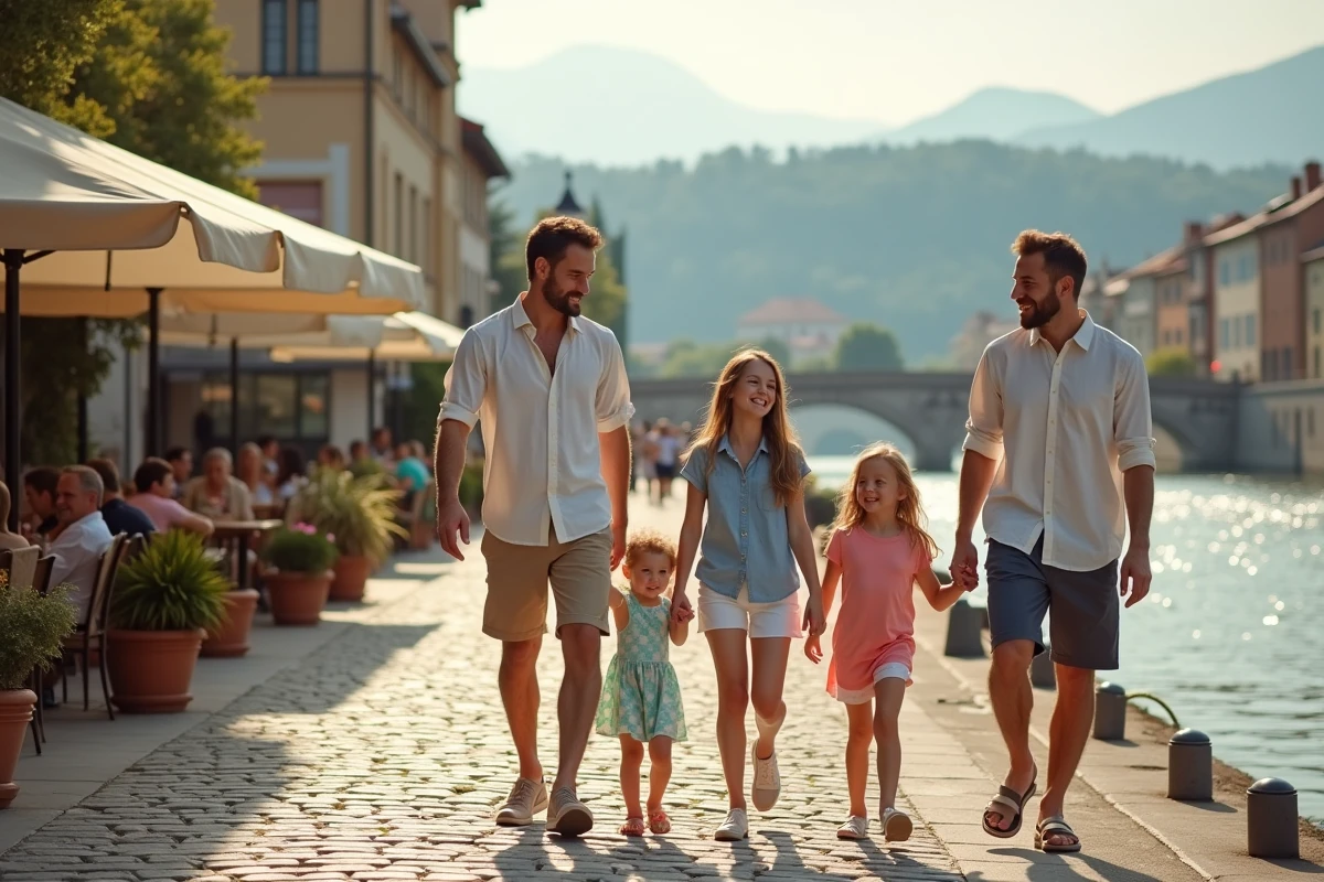 Famille avec enfants se promenant le long des quais de la rivière Ljubljanica avec le Triple Pont en arrière-plan à Ljubljana, Slovénie