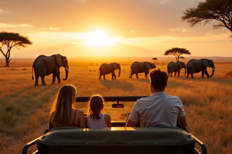 Famille en safari en 4x4 observant des éléphants sauvages
