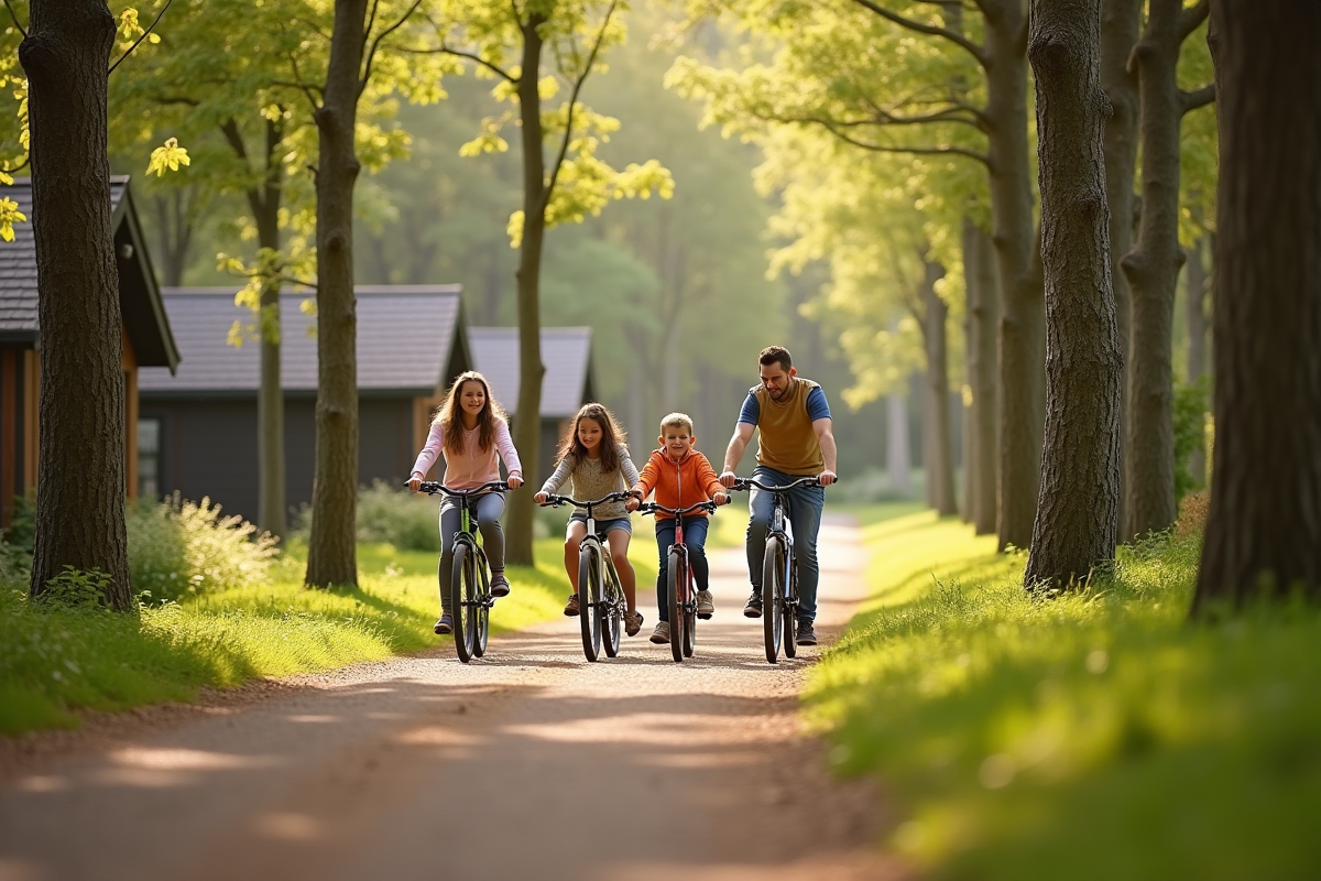 Famille heureuse à vélo dans une forêt de Center Parcs