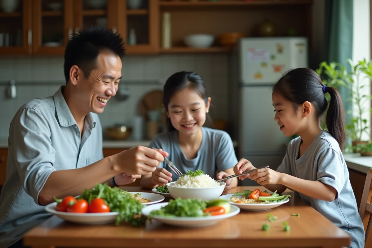 Famille vietnamienne partage un repas dans une cuisine chaleureuse
