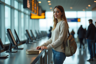 Jeune femme à l'aéroport vérifiant sa valise