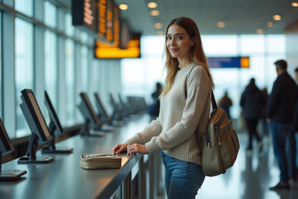 Jeune femme à l'aéroport vérifiant sa valise
