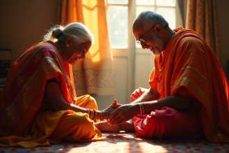 Femme indienne âgée touchant les pieds d'un jeune homme lors d'une cérémonie